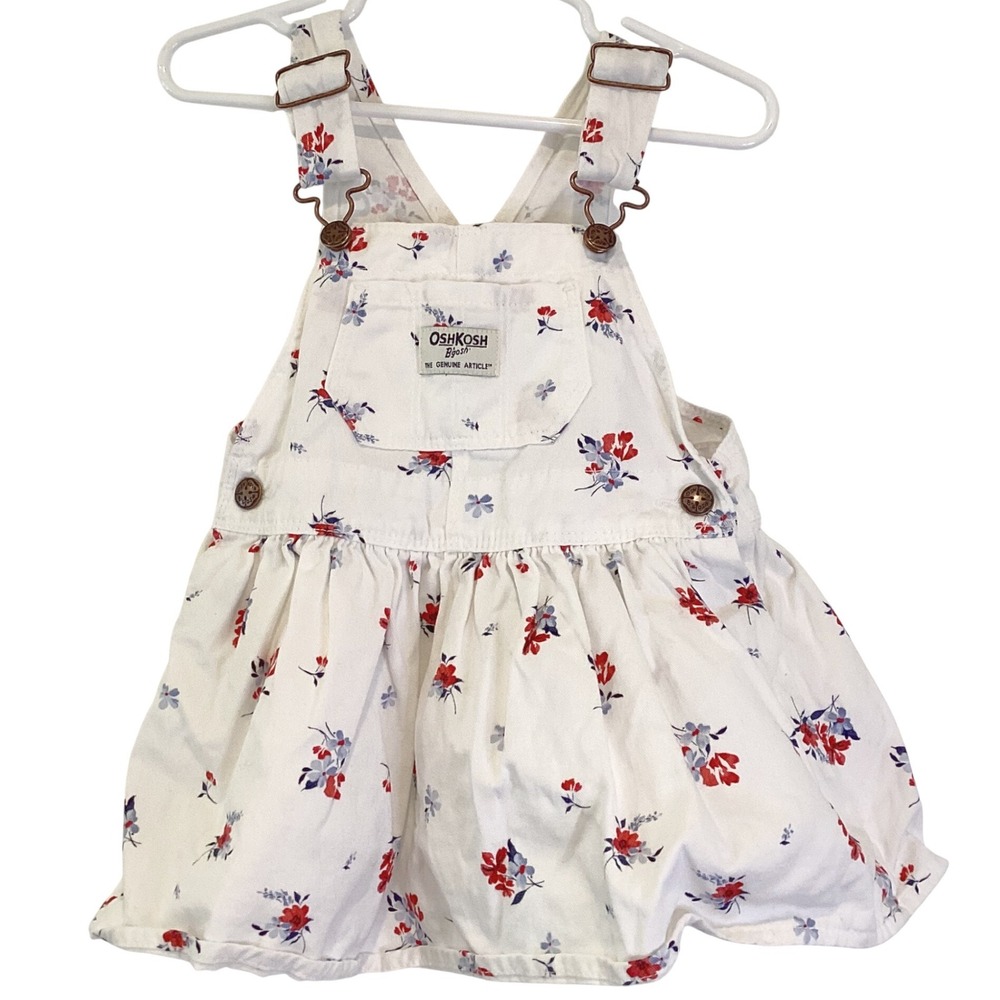 OshKosh 18M Baby Girl Denim Jean Overall Vestbak Dress Floral Red Blue White